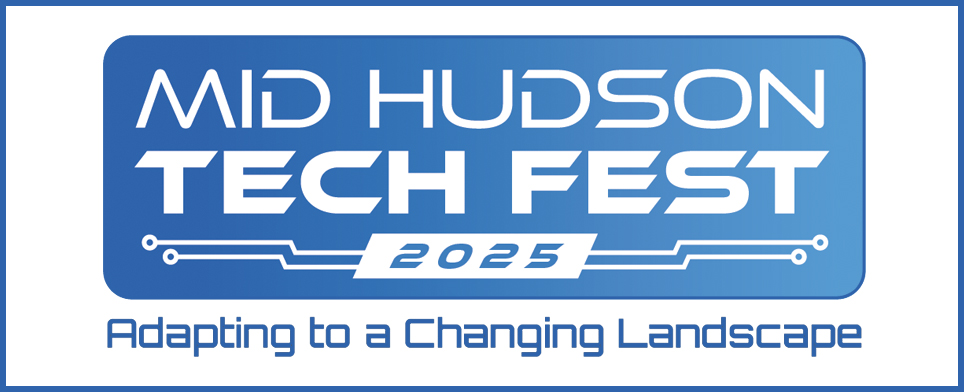 Logo for "Mid Hudson Tech Fest 2025" with the tagline "Adapting to a Changing Landscape" on a blue background with circuit design elements.