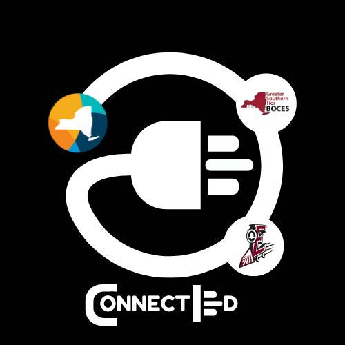 A white power plug icon with a connected cable on a black background. Surrounding the icon are three logos: one with New York state, one for "Greater Southern BOCES," and another with an owl symbol. The word "CONNECTED" is below.